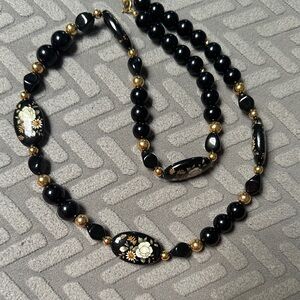 Black and Gold Floral Bead Necklace - Women Jewelry